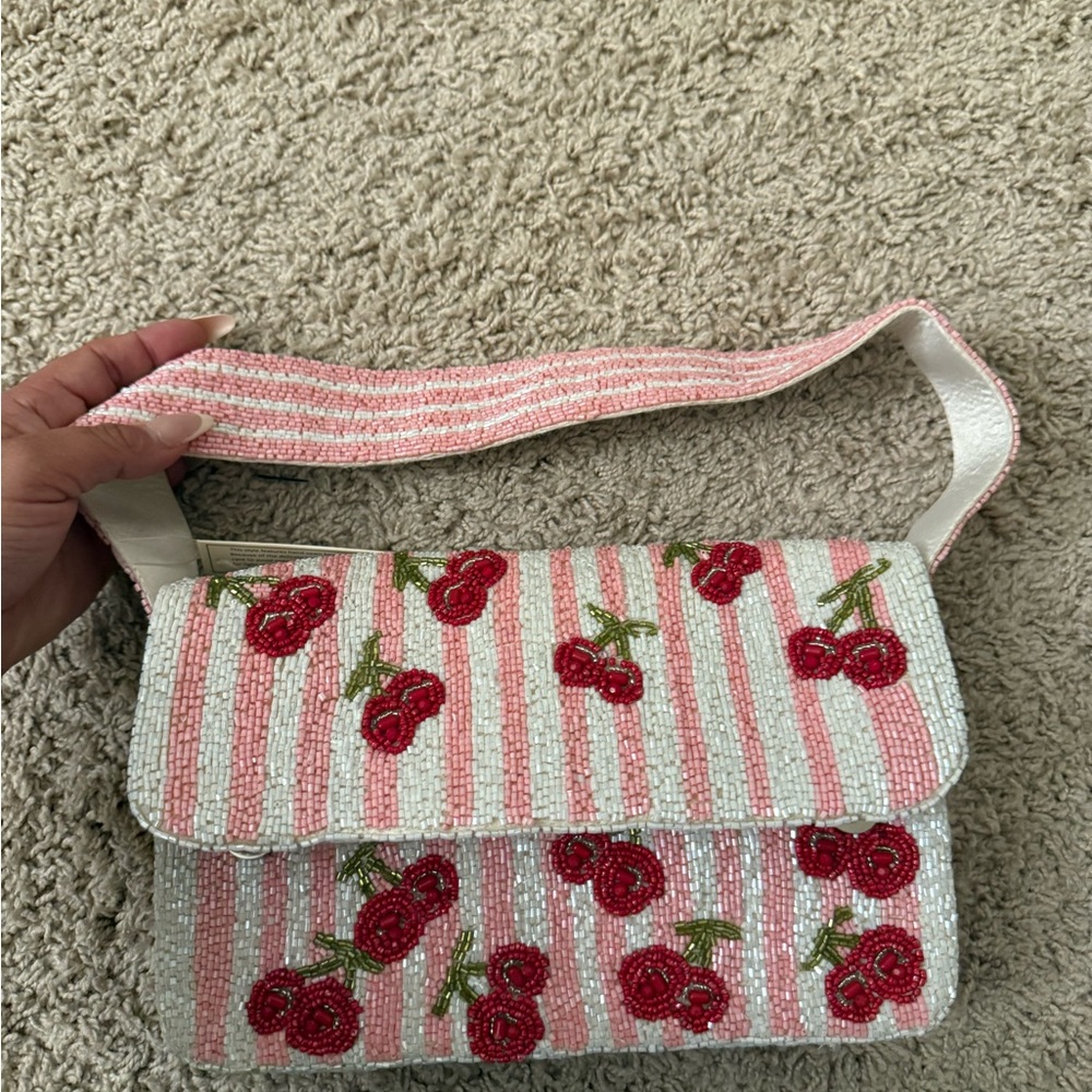 Cherry Beaded Pink and White Shoulder Bag